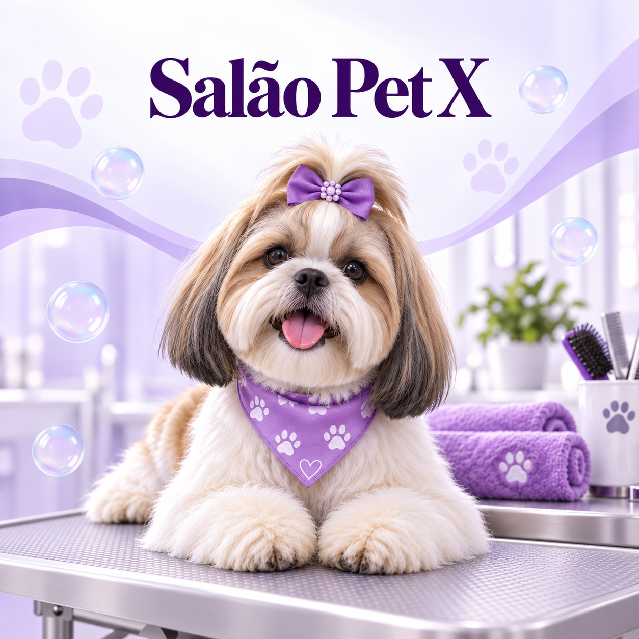 Cachorrinho com laço lilás e nome Salão Pet X centralizado