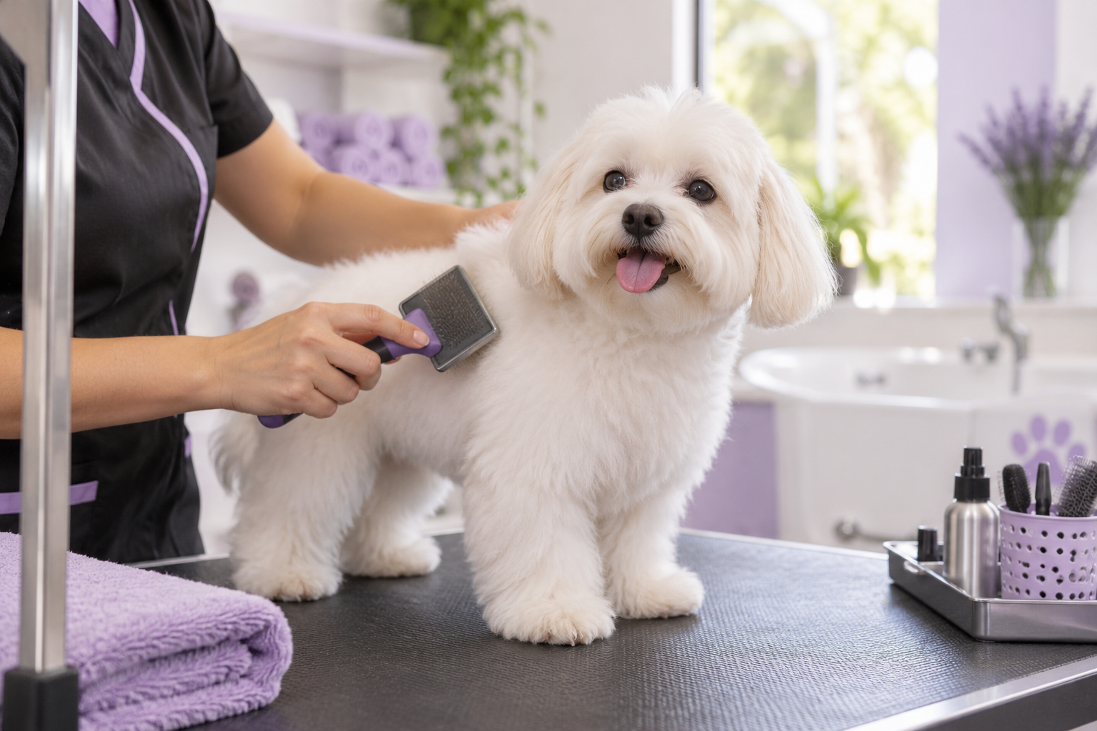 Cachorrinho branco recebendo escovação cuidadosa no salão